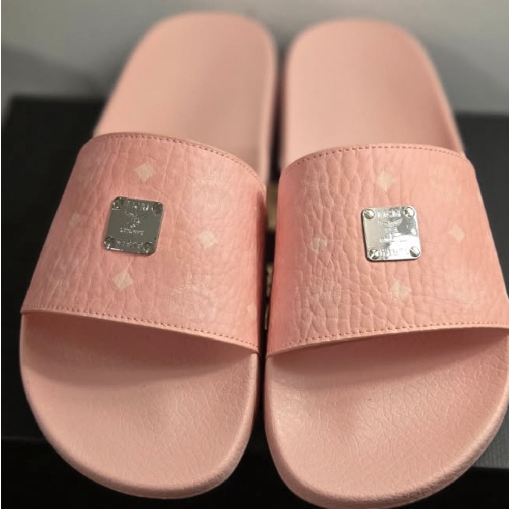 MCM Pink Leather Slide Slippers